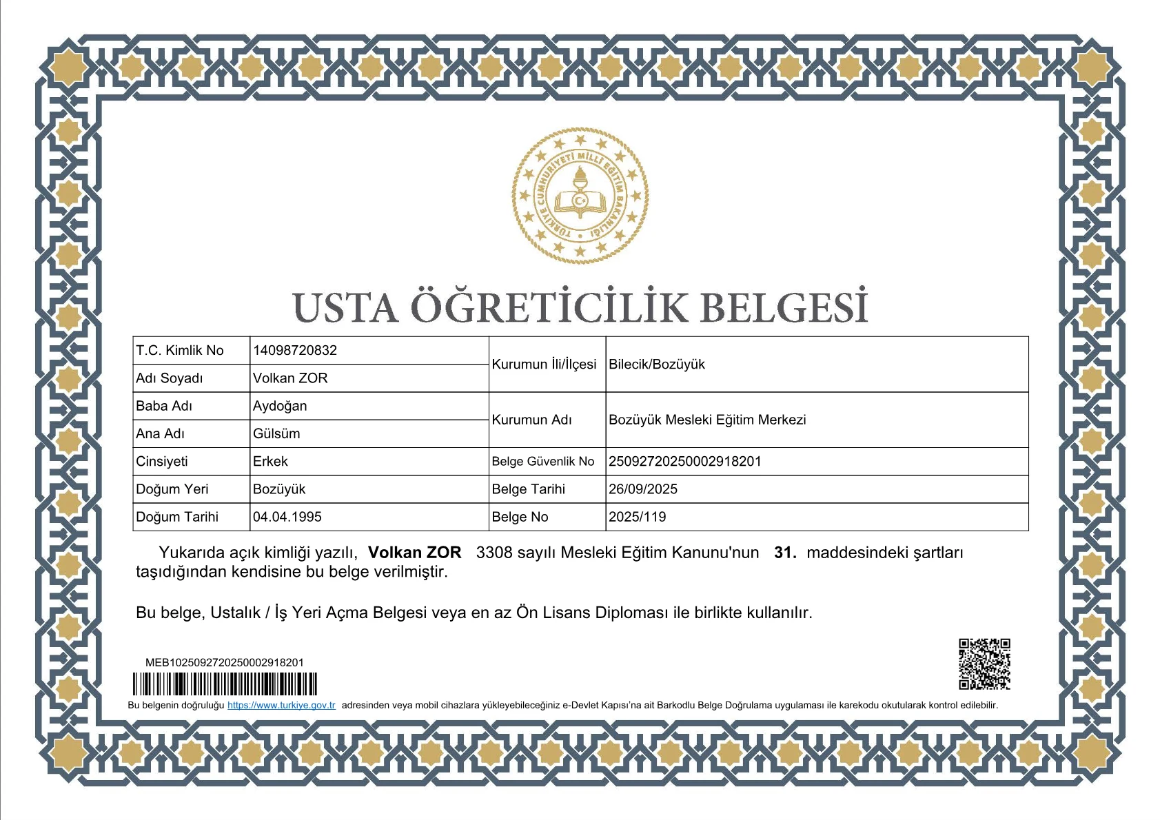 Usta Öğreticilik Belgesi